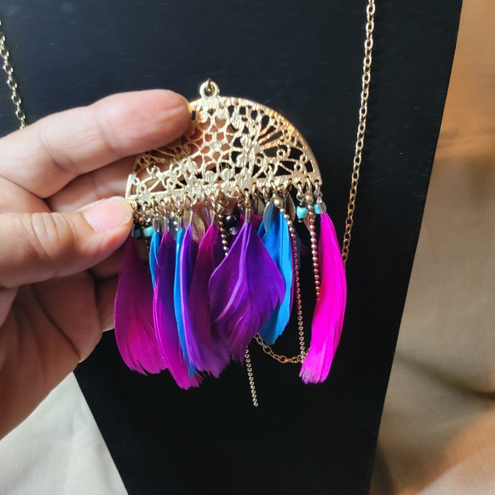 Bohemian Feathers and Beads on Brass/Golden Fan Shaped Filligree Necklace